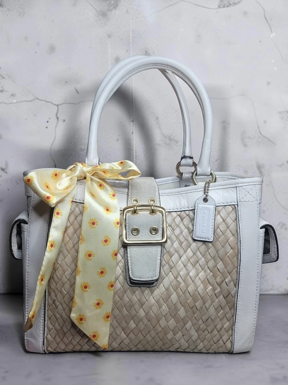 Coach VTG Woven Straw And Suede Boxy Tote Vintage 2004 EUC